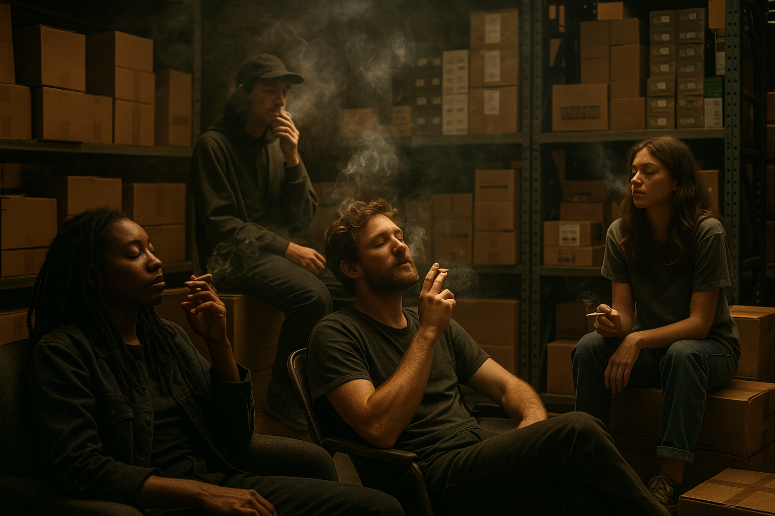 Chiling and smoking around product stock in boxes 